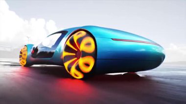 Gelecekçi elektrikli araba çöl taşından otoyolda çok hızlı gidiyor. Gelecekçi kavram