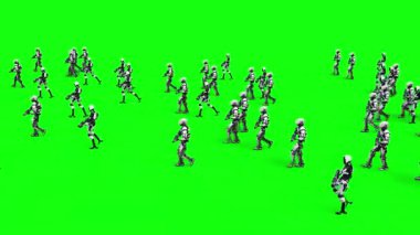 Yürüyen silahlı robotlardan oluşan bir kalabalık. yeşil ekran