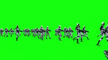 Yürüyen silahlı robotlardan oluşan bir kalabalık. yeşil ekran