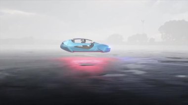 Çöl taşından otobanda çok hızlı uçan bir araba. Gelecekçi kavram