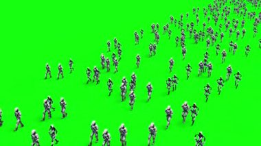 Yürüyen silahlı robotlardan oluşan bir kalabalık. yeşil ekran