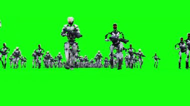 Yürüyen silahlı robotlardan oluşan bir kalabalık. yeşil ekran