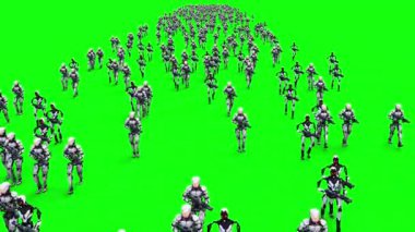 Yürüyen silahlı robotlardan oluşan bir kalabalık. yeşil ekran