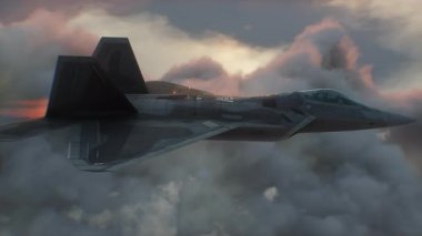 Askeri savaş uçağı F-22 bulutların üzerinde uçuyor. Hava Kuvvetleri
