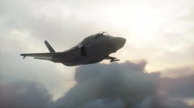 Askeri savaş uçağı F-35 bulutların üzerinde uçuyor. Hava Kuvvetleri
