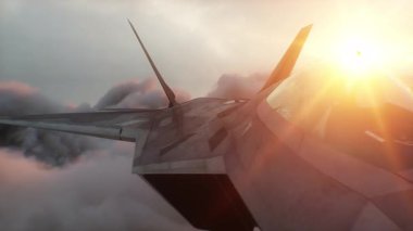 Askeri savaş uçağı F-22 bulutların üzerinde uçuyor. Hava Kuvvetleri