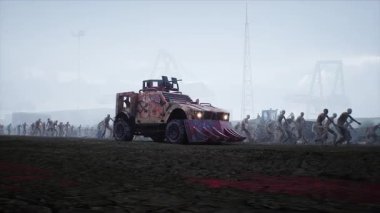 Zombi arabası ve yürüyen zombiler. Apokaliptik konsept