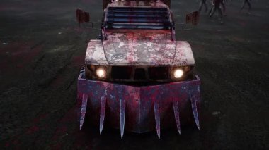 Zombi arabası ve yürüyen zombiler. Apokaliptik konsept