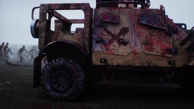 Zombi arabası ve yürüyen zombiler. Apokaliptik konsept