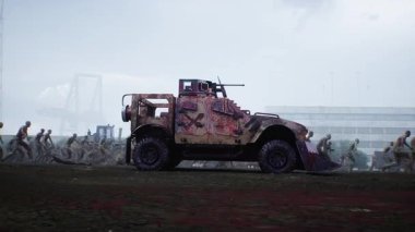 Zombi arabası ve yürüyen zombiler. Apokaliptik konsept