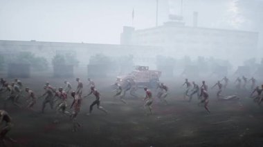 Zombi arabası ve yürüyen zombiler. Apokaliptik konsept