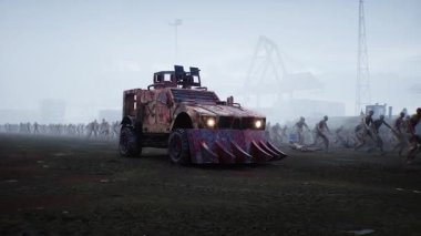 Zombi arabası ve yürüyen zombiler. Apokaliptik konsept