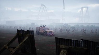 Zombi arabası ve yürüyen zombiler. Apokaliptik konsept