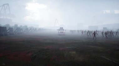 Zombi arabası ve yürüyen zombiler. Apokaliptik konsept