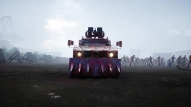 Zombi arabası ve yürüyen zombiler. Apokaliptik konsept