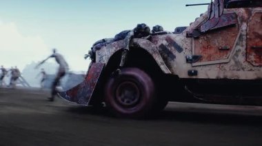 Zombi arabası sürüp zombilere çarpıyor. Apokaliptik konsept