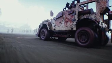 Zombi arabası sürüp zombilere çarpıyor. Apokaliptik konsept