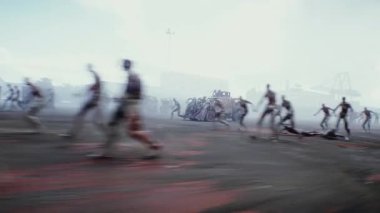 Zombi arabası sürüp zombilere çarpıyor. Apokaliptik konsept