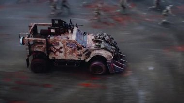 Zombi arabası sürüp zombilere çarpıyor. Apokaliptik konsept