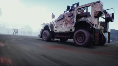 Zombi arabası sürüp zombilere çarpıyor. Apokaliptik konsept
