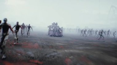 Zombi arabası sürüp zombilere çarpıyor. Apokaliptik konsept