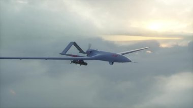 Askeri Yırtıcı İHA bulutların üzerinde uçuyor. Gerçekçi 4k animasyonu