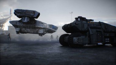 Robotları ve hava gemisi olan gelecekçi askeri üs. 3d oluşturma