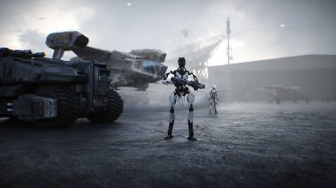 Robotları ve hava gemisi olan gelecekçi askeri üs. 3d oluşturma