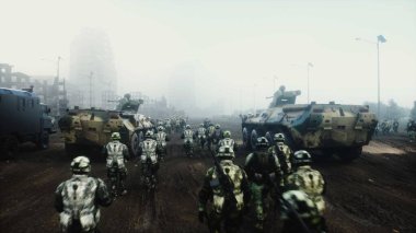 Harabe bir şehirde askerleri olan zırhlı piyade araçları.