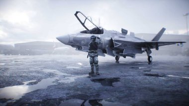 Amerikan askeri pilotu. Amerikan savaş uçağı. 3d oluşturma