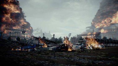 Kıyamet gibi yanan bir şehir. Mahşer. 3d oluşturma