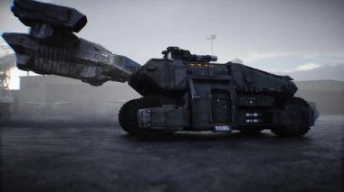 Robotları ve hava gemisi olan gelecekçi askeri üs. 3d oluşturma