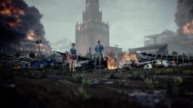 Rus zombi kıyameti. Yanan şehir Moskova. Mahşer. 4k animasyon