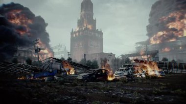 Rus kıyameti gibi. Yanan şehir Moskova. Mahşer. 4k animasyon