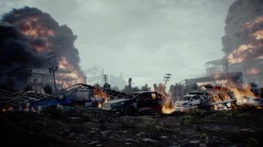 Kıyamet gibi yanan bir şehir. Mahşer. 4k animasyon