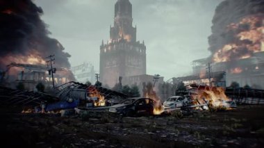 Rus kıyameti gibi. Yanan şehir Moskova. Mahşer. 4k animasyon