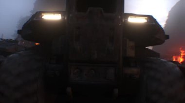 Kıyametçi savaş makinesi yanan bir şehrin içinden geçiyor.