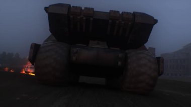 Kıyametçi savaş makinesi yanan bir şehrin içinden geçiyor.