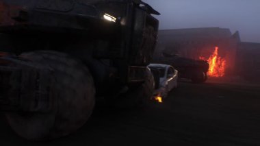 Kıyametçi savaş makinesi yanan bir şehrin içinden geçiyor.