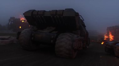 Kıyametçi savaş makinesi yanan bir şehrin içinden geçiyor.