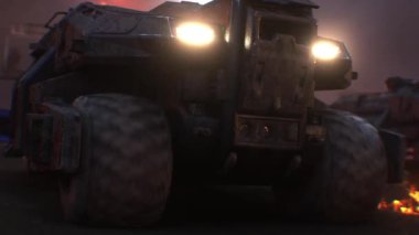 Kıyametçi savaş makinesi yanan bir şehrin içinden geçiyor.