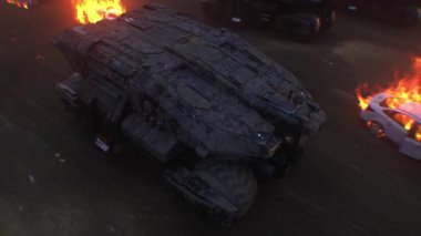 Kıyametçi savaş makinesi yanan bir şehrin içinden geçiyor.