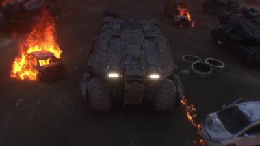 Kıyametçi savaş makinesi yanan bir şehrin içinden geçiyor.