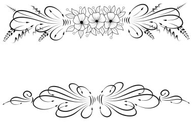 Çiçek süsü ve çiçeklerle yazılı bir çerçeve. Siyah beyaz dekoratif çerçeve. Bahar çiçekleriyle süslenmiş çiçek süsleri. Girdap süsü