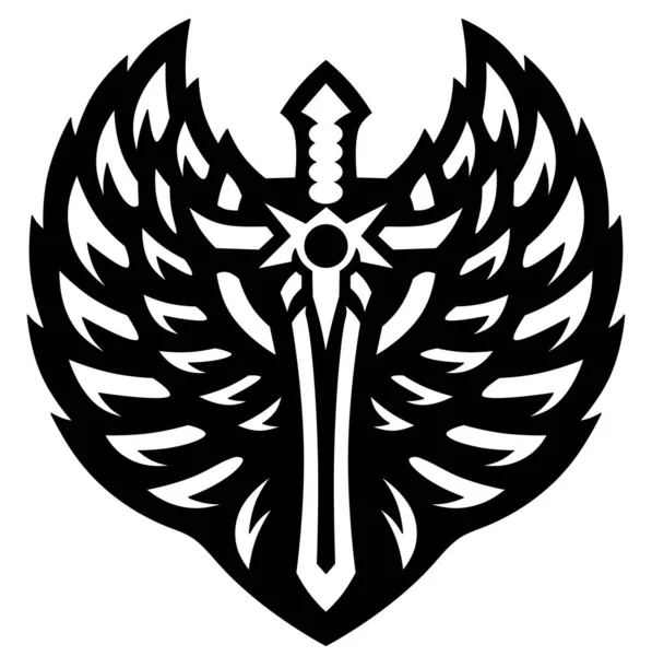 Meč Křídly Černobílá Logo Křídla Mečem Znak Boje — Stock fotografie