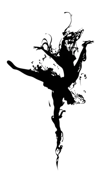 跳舞的女孩在飞溅 墨水污迹 身穿黑漆漆的芭蕾舞演员单腿站立 从舞蹈演员身上流出的液体 那姑娘身上喷出黑色的油漆 交际舞跳舞的女孩的轮廓 — 图库照片