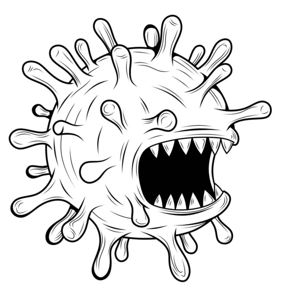 病毒张开大牙的嘴 邪恶的病毒黑白相间的珊瑚 Covid 微生物的图解 有牙齿的细菌 — 图库照片