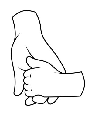 El, çocuğun elini tutar. Çocuklar için ebeveyn bakımı kavramı. Aile günü. İnsan elinin siyah beyaz çizimi.