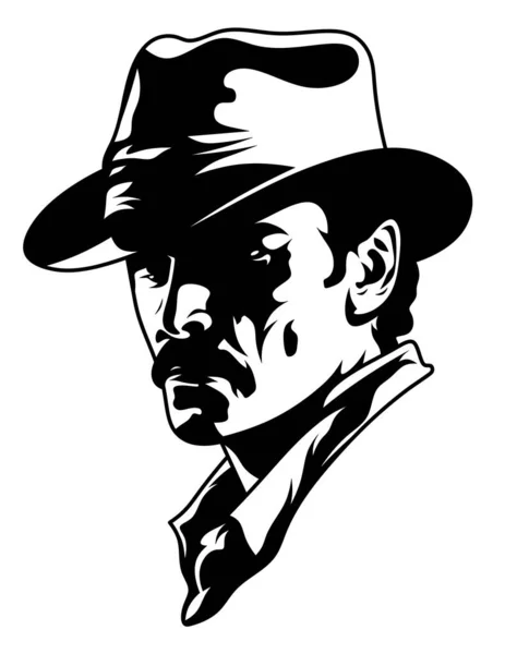 Şapkalı Bir Kovboy Kafası Bıyıklı Ciddi Bir Adamın Siyah Beyaz — Stok fotoğraf