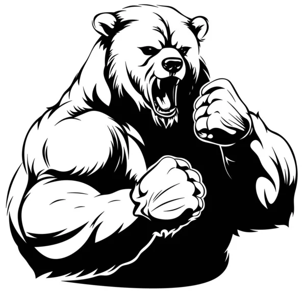 Bear Big Muscles Fighting Stance Black White Emblem Fighting Bear — Stock Photo, Image